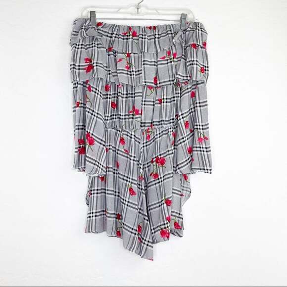 Miss Love Off The Shoulder Bell Sleeve Shorts Romper Black Plaid Cherry Small - Picture 10 of 12